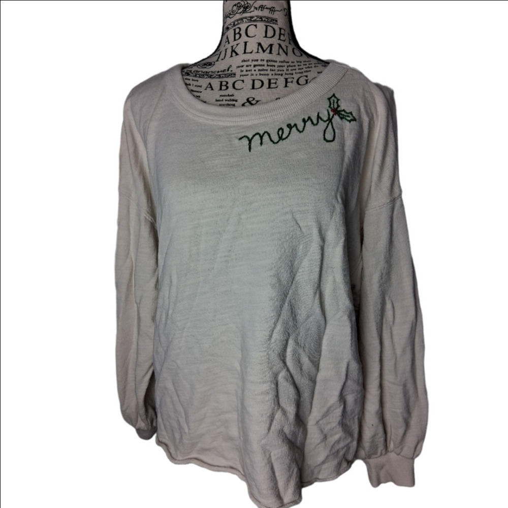 Universal Thread Cream "merry" Embroidered Scoop Neck Sweater